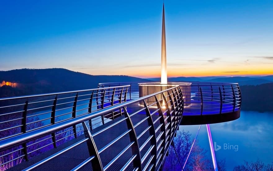 Skywalk Biggeblick at sunset, Attendorn, Sauerland, North-Rhine-Westphalia, Germany