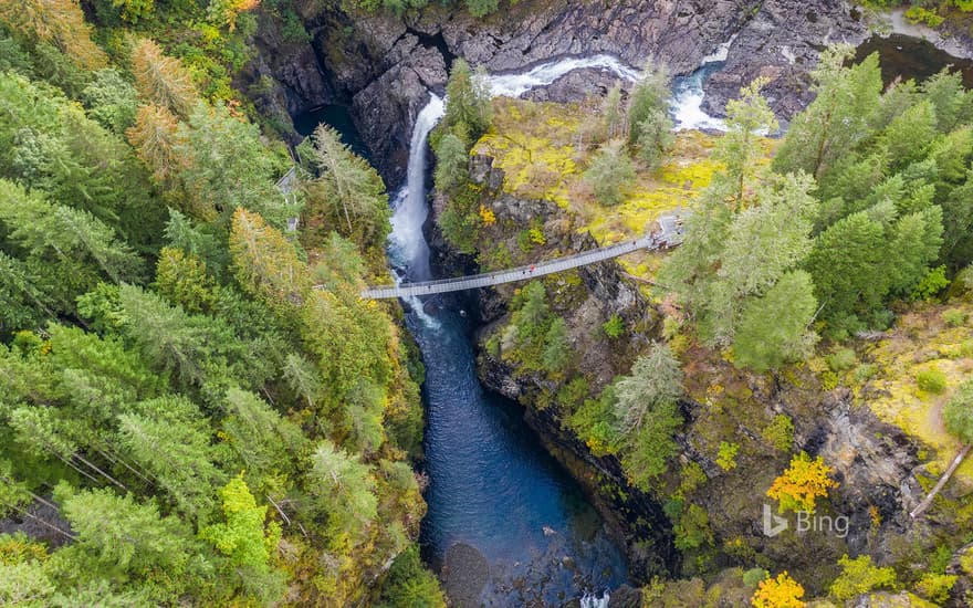 Aerial view of Elk Falls suspension bridge on Vancouver Island, Canada