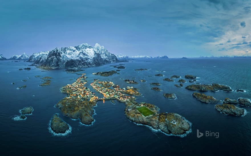 Fishing village of Henningsvær with Henningsvær Idrettslag Stadion, Nordland, Norway