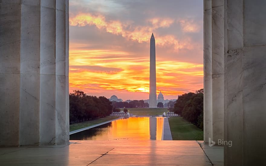 The Washington Monument and US Capitol Building from the steps of the Lincoln Memorial, Washington, DC